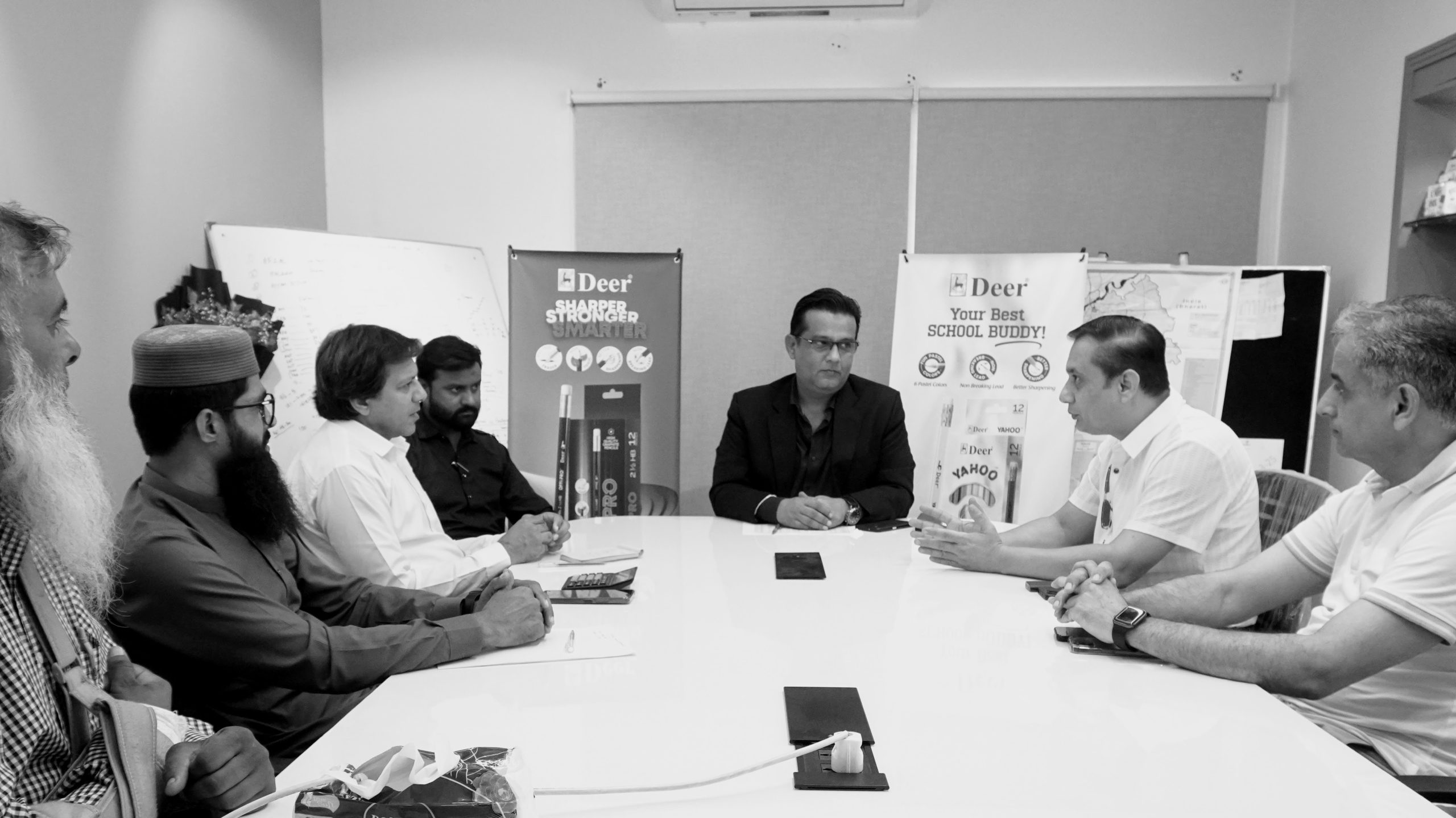Fractional CMO Pakistan Mr. Sabih Toor presiding over an executive brand strategy meeting and sales turnaround alignment meeting inside the Indus Pencil Industries boardroom.